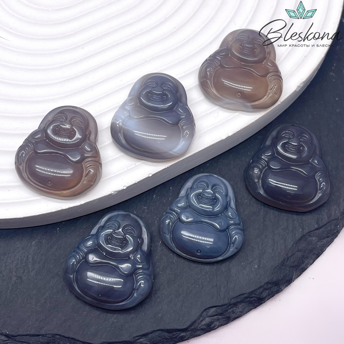 23*24 мм Подвеска Улыбающийся Будда (Хотэй) Агат Серый