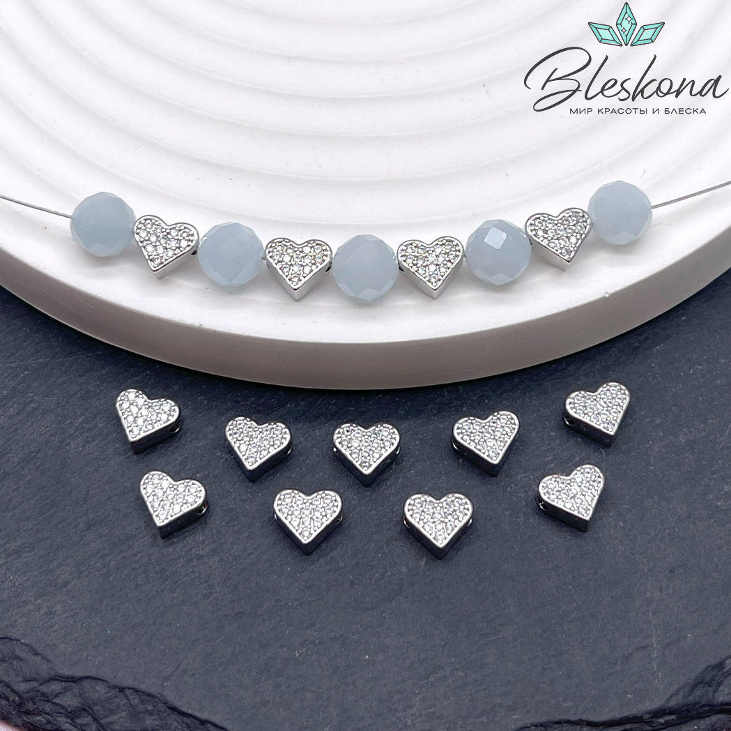 6*7 мм Цвет серебро, Бусина Сердце цирконы 