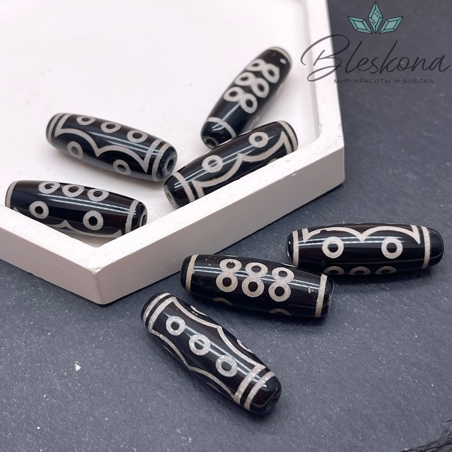 Бусина Дзи 7 глаз и 3 бесконечности бело-черный бочонок 30*11 мм