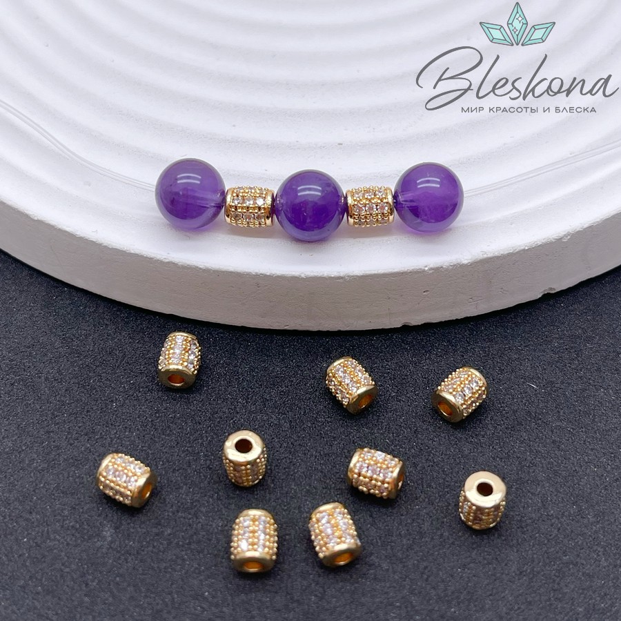 4,5 мм Цвет золото, Бусина цилиндр стразы 3 ряда