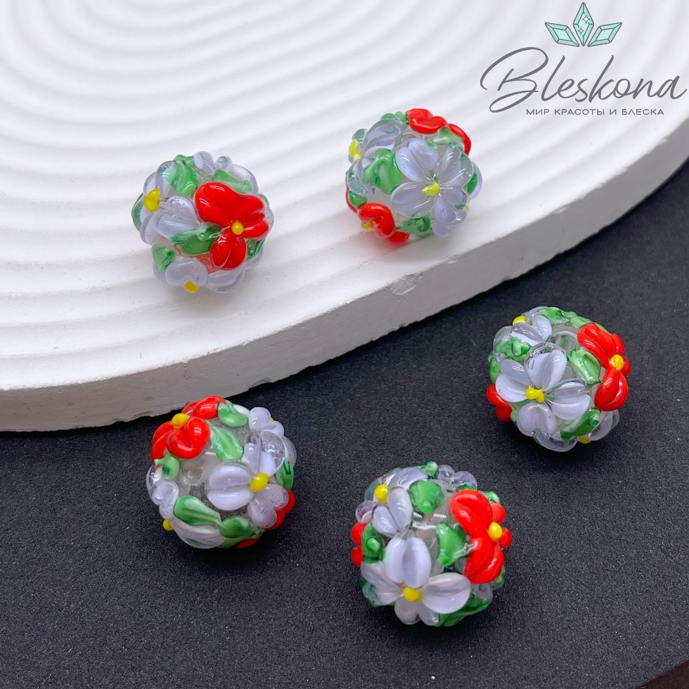 16 мм  Бусина шар цветок серо- красный