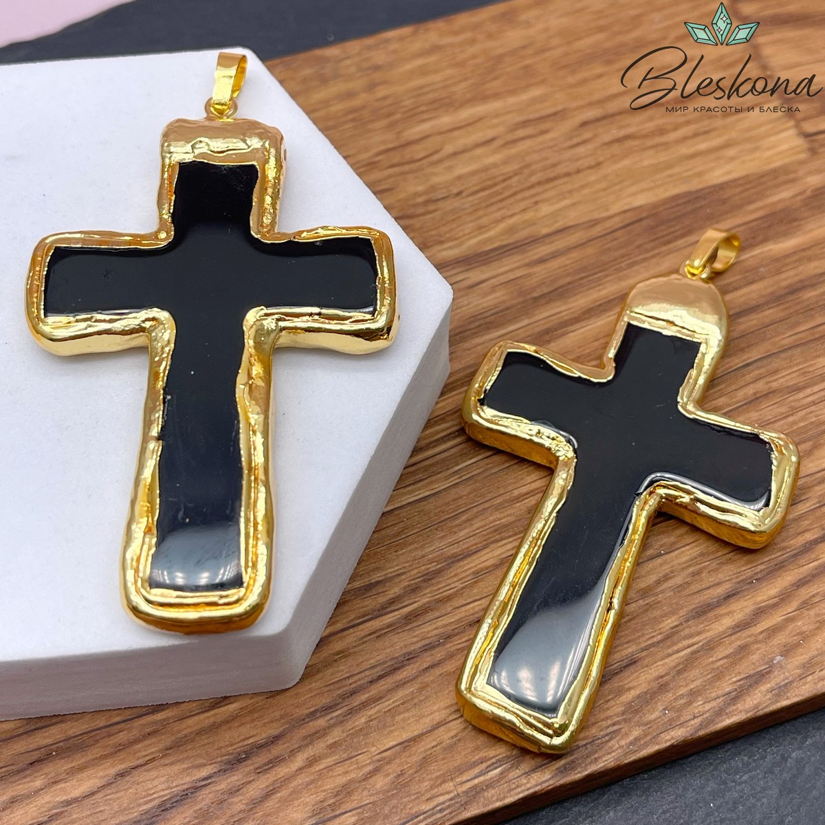 41*68 мм Цвет золото, Подвеска крест Черный Агат в обрамлении