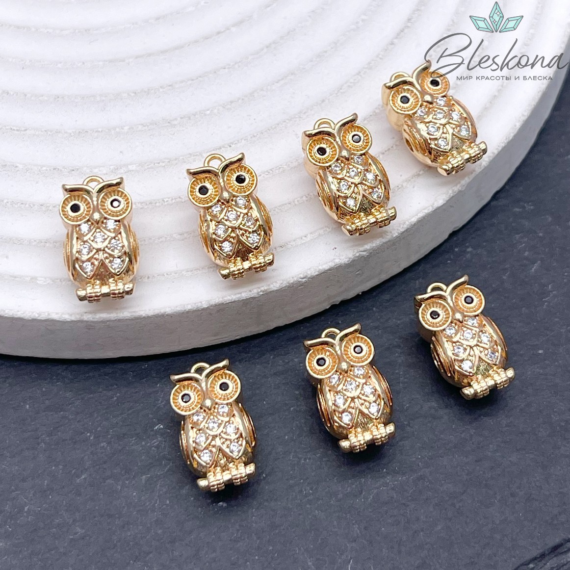 8,5*12,5мм, цвет золото, Подвеска сова цирконы 