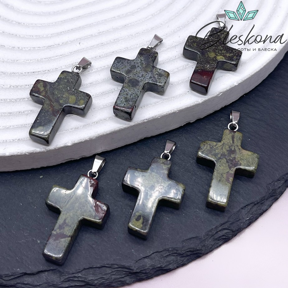 Подвеска крест Яшма Кровь дракона, цвет серебро 28*18 мм