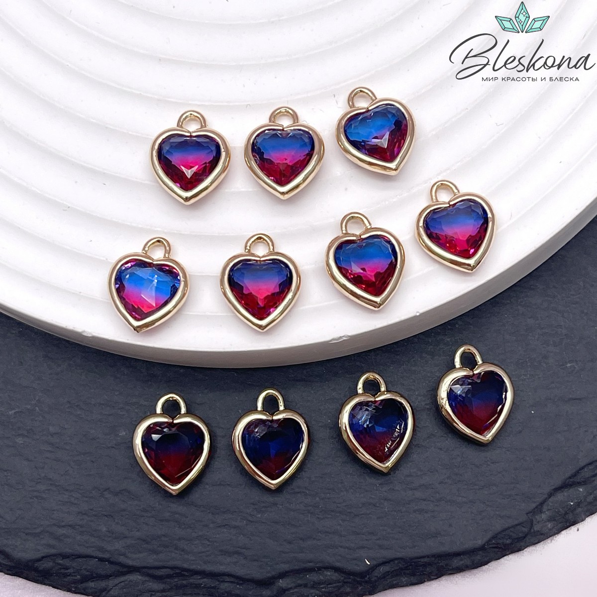 10 мм, Цвет золото, Подвеска сердце стекло малиново-синее
