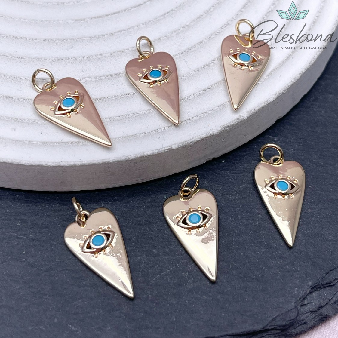 20,5*10,5 мм Цвет золото, Подвеска сердце глаз с голубым цирконом