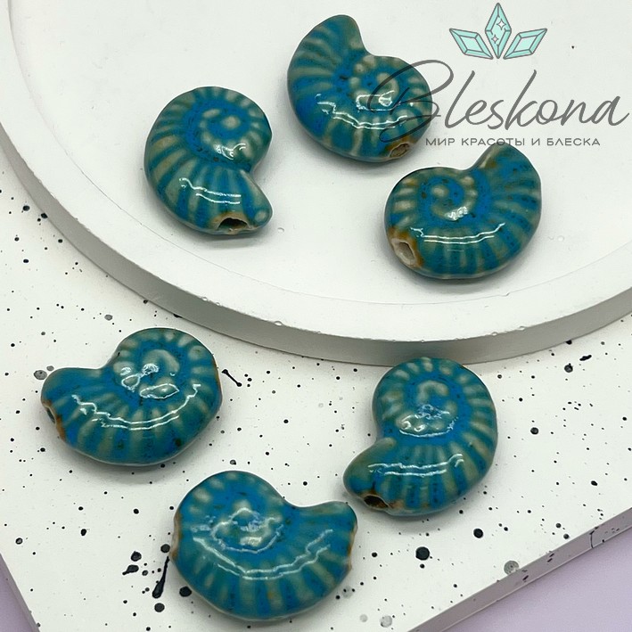 21*17 мм Бусина Аммонит, керамика цвет морской волны полосы