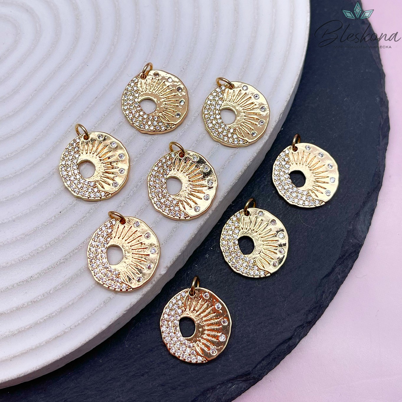 17мм Цвет золото, Подвеска солнце и луна цирконы