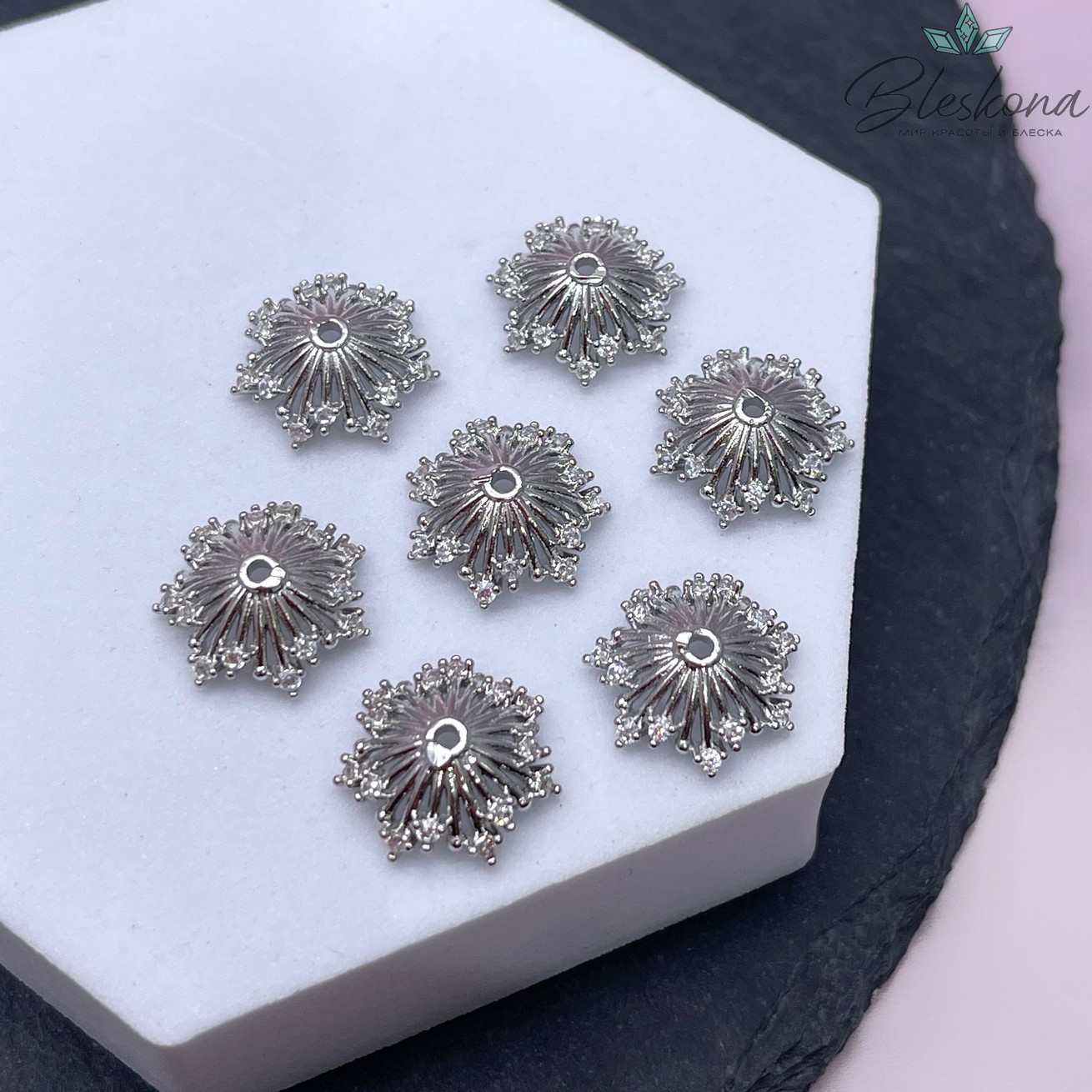 14 мм Цвет серебро, Шапочка цирконы