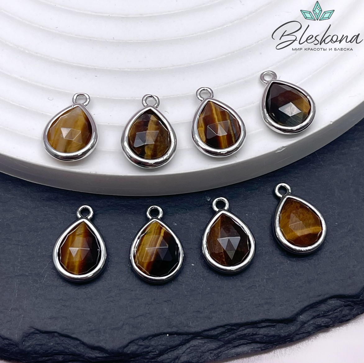 14*9,5 мм Цвет серебро, Подвеска капля Тигровый Глаз огранка