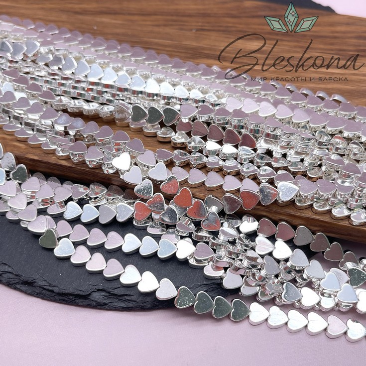 6 мм Гематин, цвет светлое серебро, сердце плоское имитация УЦЕНКА DD-59-2