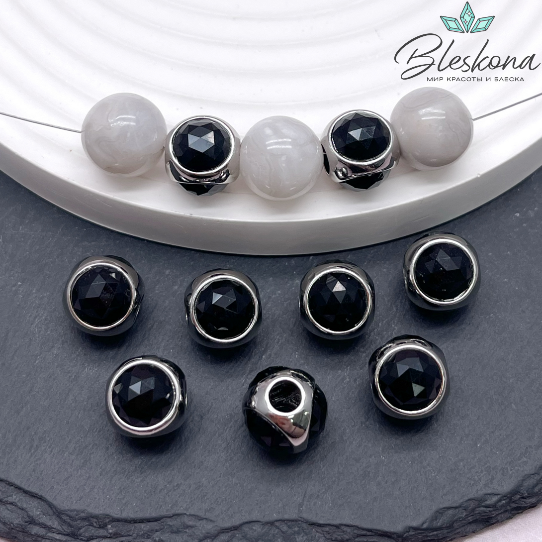 10 мм Цвет серебро, Бусина шар черное стекло