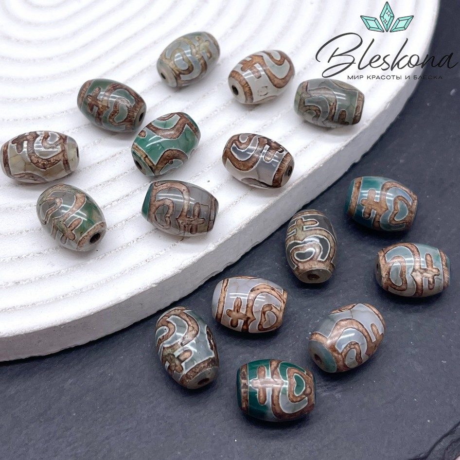 Бусина Дзи Нектарный сосуд изобилия зелено-коричневый бочонок 10*14 мм