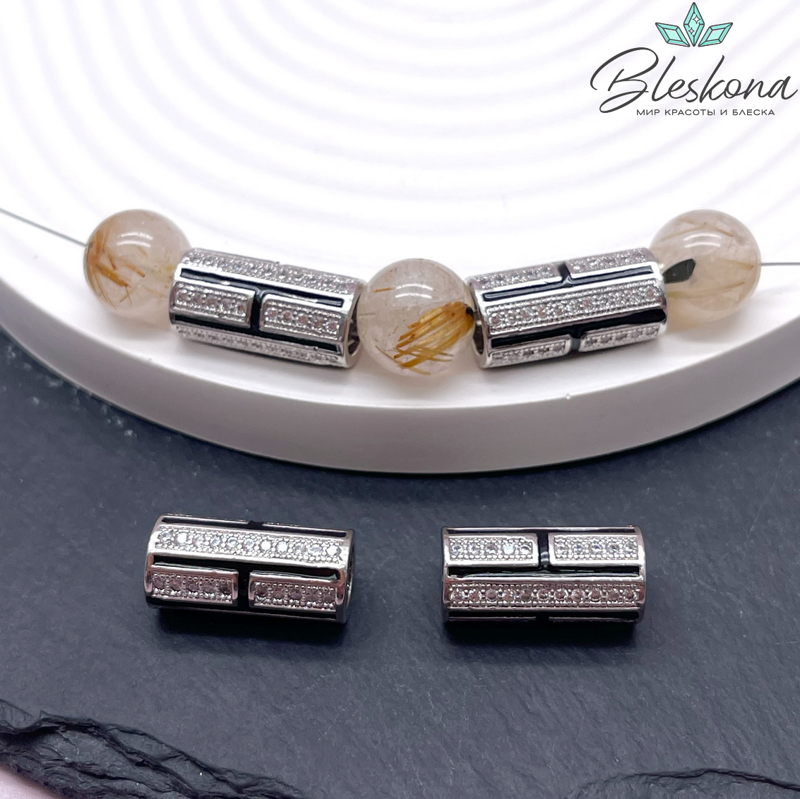 19*9 мм Цвет серебро, Бусина цилиндр цирконы черная эмаль
