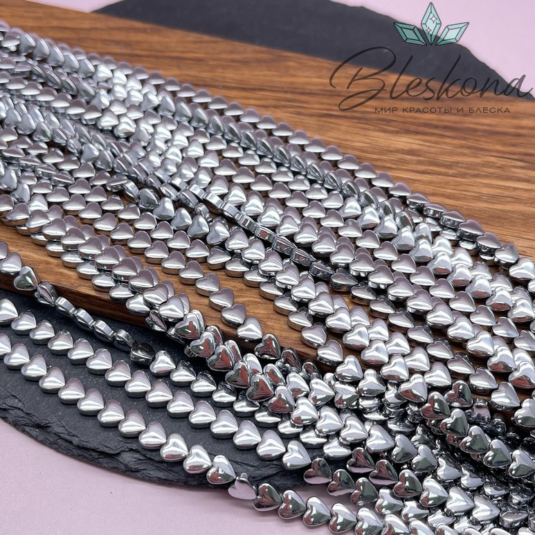 6 мм Гематин сердце объемное, темное серебро имитация