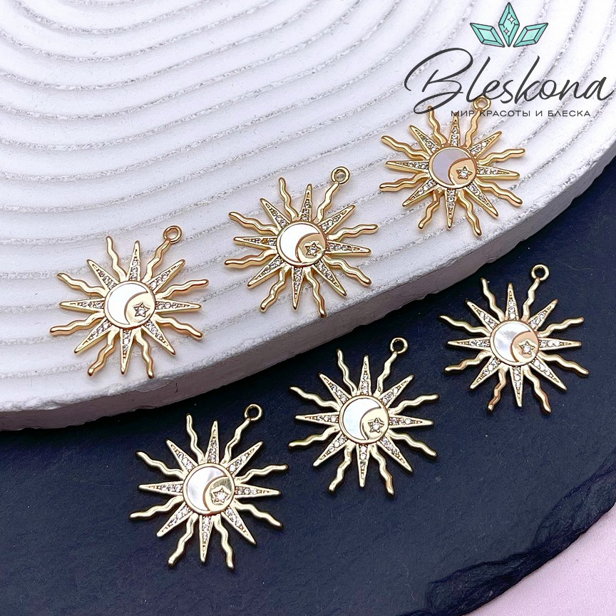 26*24 мм Цвет золото, Подвеска солнце полумесяц звезда с перламутром и цирконами