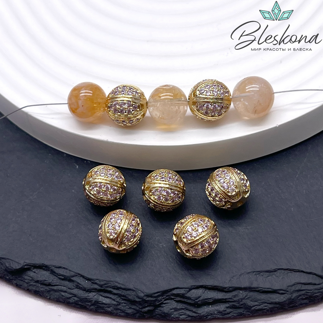 10,5 мм Цвет золото, Бусина Арбуз цирконы розовые