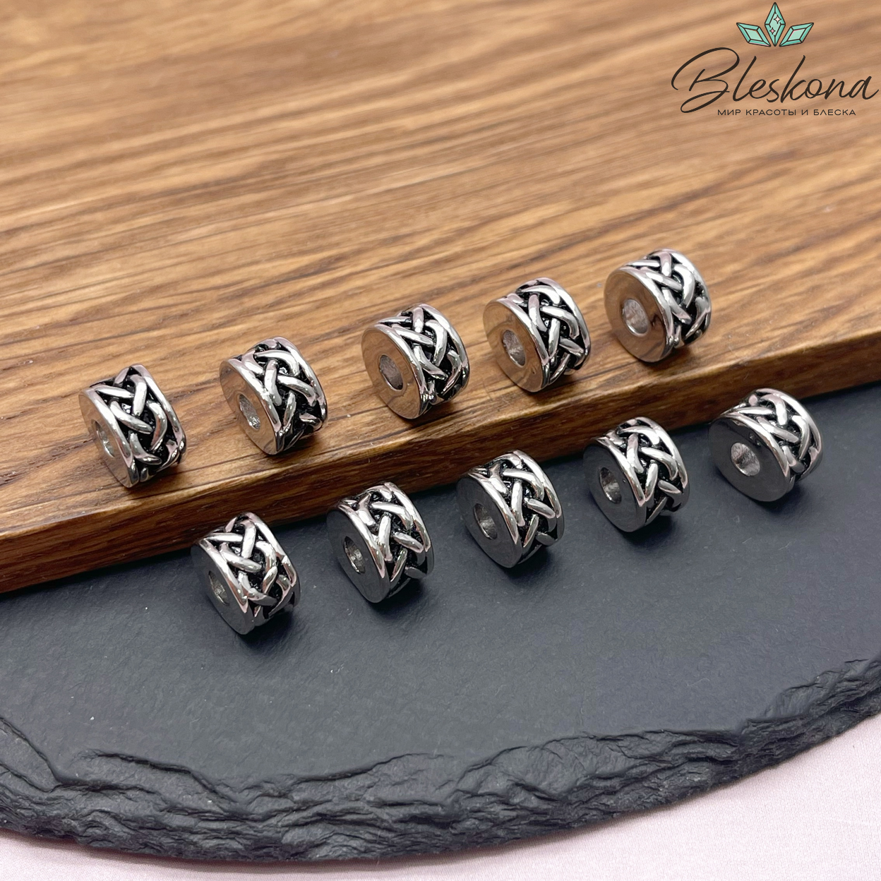 10*6 мм Цвет серебро, Бусина цилиндр косичка эмаль