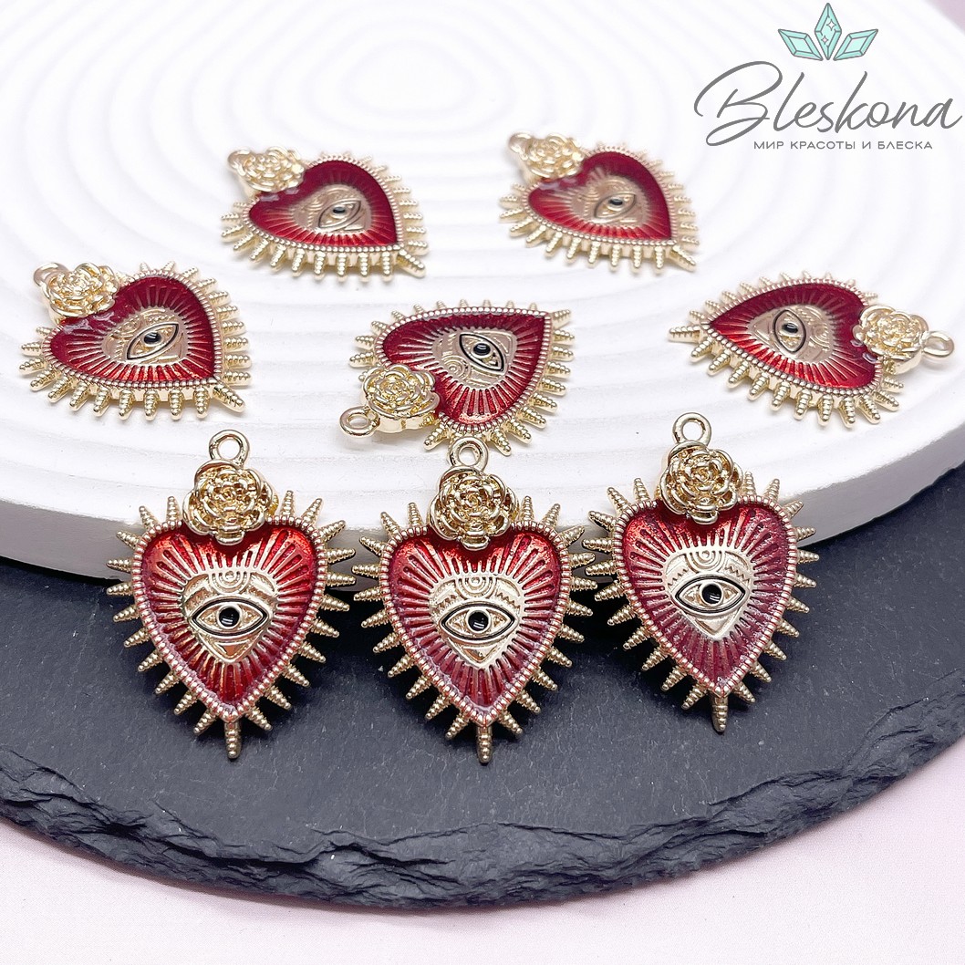 25*30 мм Цвет золото, Подвеска Сердце красное глаз черный