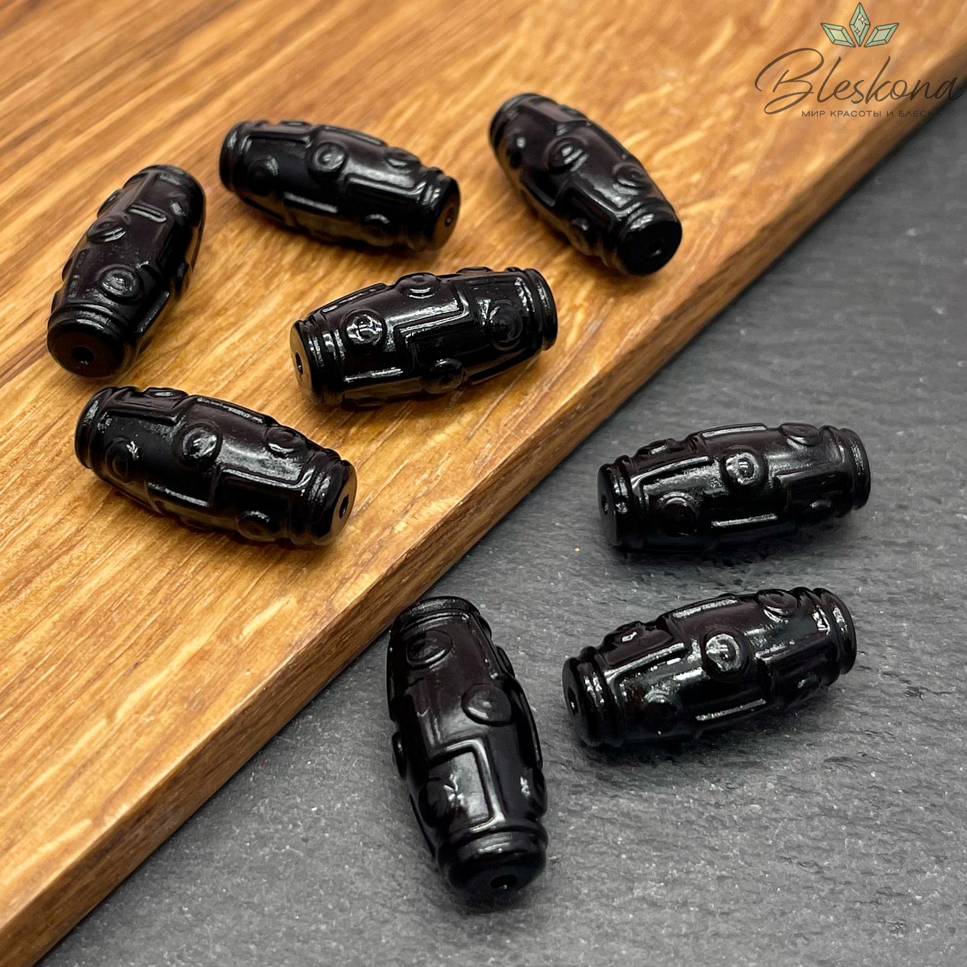 Резная Бусина Дзи 9 глаз Черный Обсидиан  21*10 мм