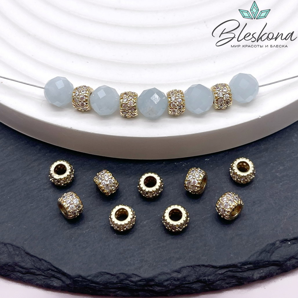 6*4 мм Цвет золото, Бусина-разделитель цирконы 