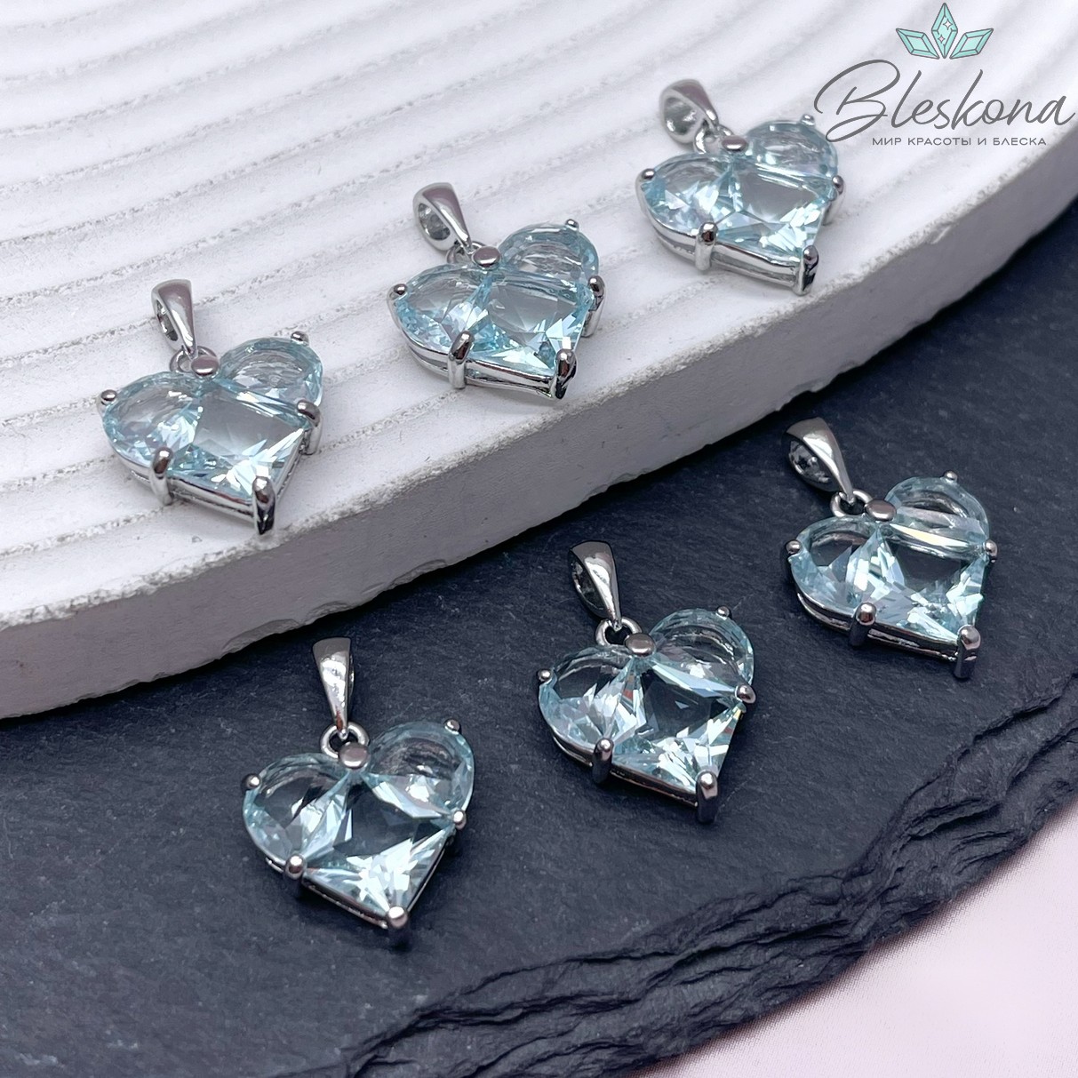 14,5*14 мм Цвет серебро, Подвеска Сердце голубые цирконы 