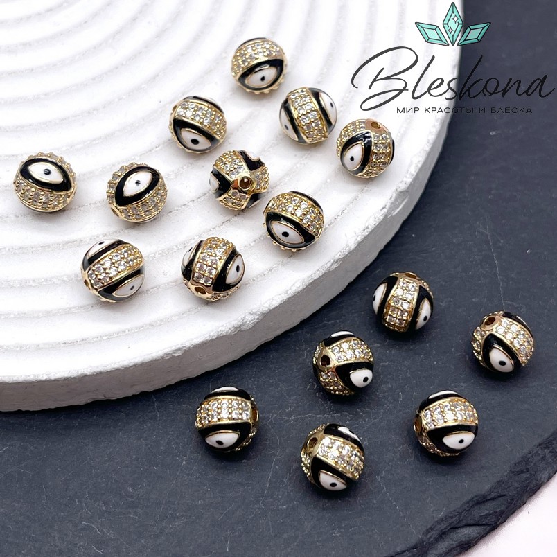 8,5 мм Цвет золото, Бусина с глазком черная эмаль
