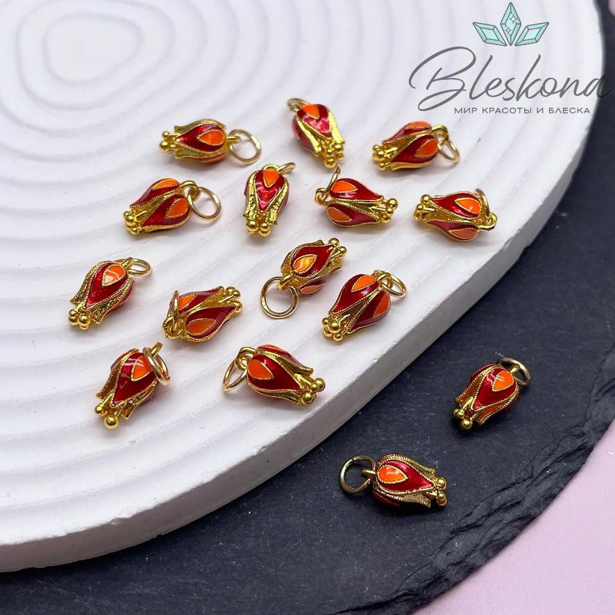 13*7 мм, Цвет золото, Подвеска бутон красный эмаль