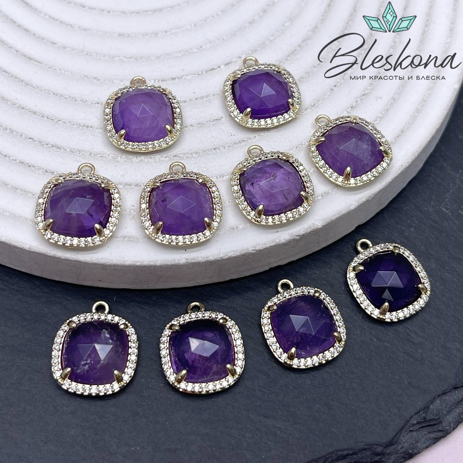 14мм, цвет золото ,Подвеска квадрат Аметист  в обрамлении цирконы
