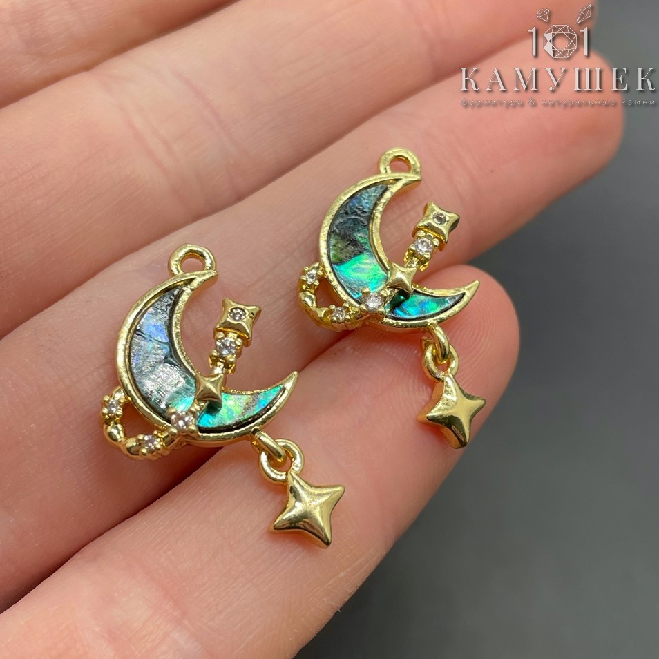 14*25мм, Цвет золото, Подвеска Луна звезда гелиотис с зеленым переливом цирконы