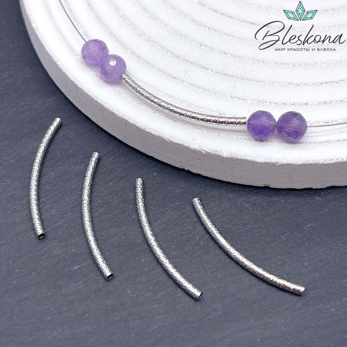 30*2мм, Бусина трубочка фактурная,цвет серебро Люкс  