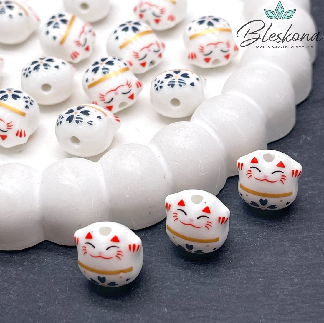 13,5*13 мм Керамика бусина Котик белый