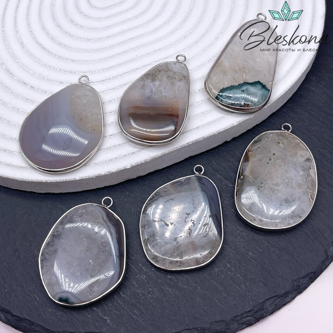 (30-45)*(25-37) мм Цвет серебро, Подвеска фриформ Горный хрусталь с агатом