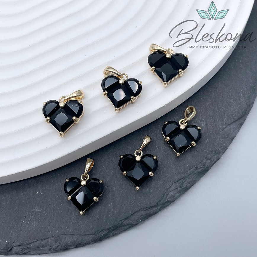 14,5*14 мм Цвет золото, Подвеска Сердце черные цирконы