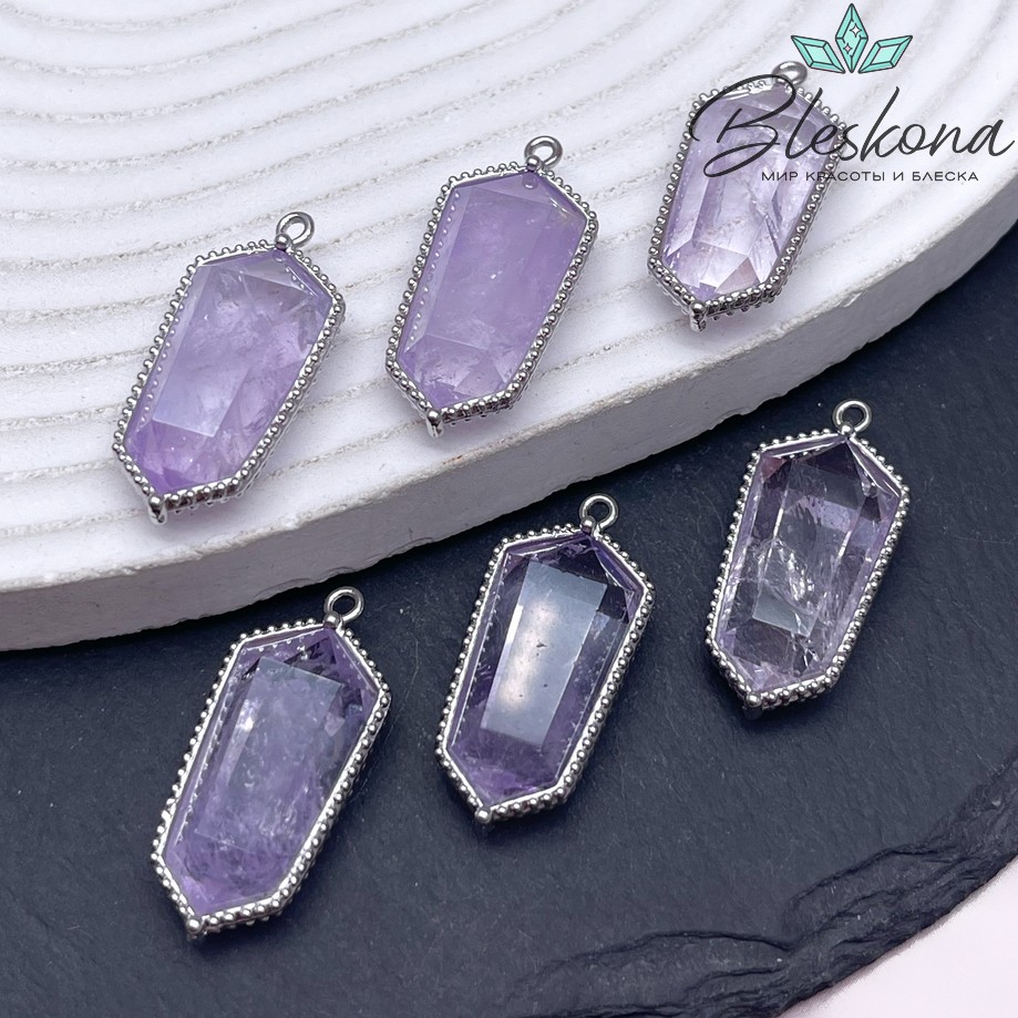 13,5*30мм, цвет серебро ,Подвеска Шестиугольник Лавандовый Аметист в обрамлении цирконы