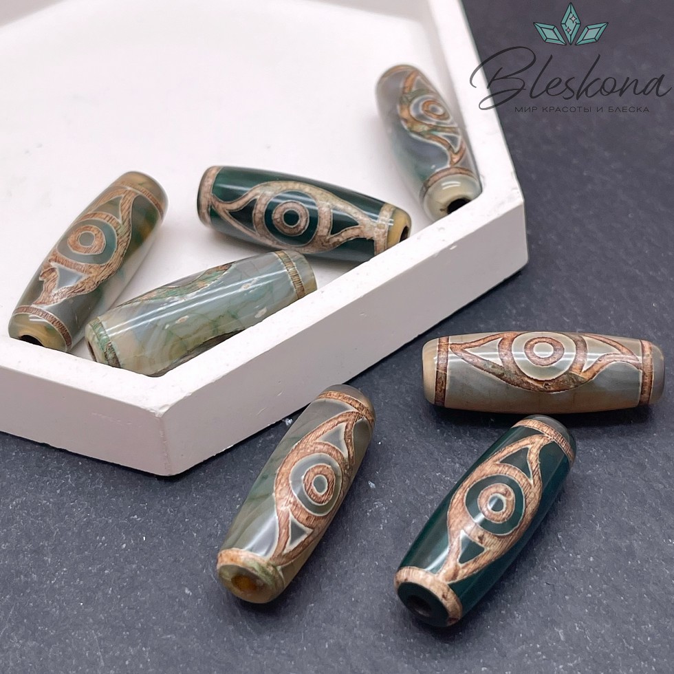 Бусина Дзи 2 глаза Феникса зелено-коричневый бочонок 30*11 мм