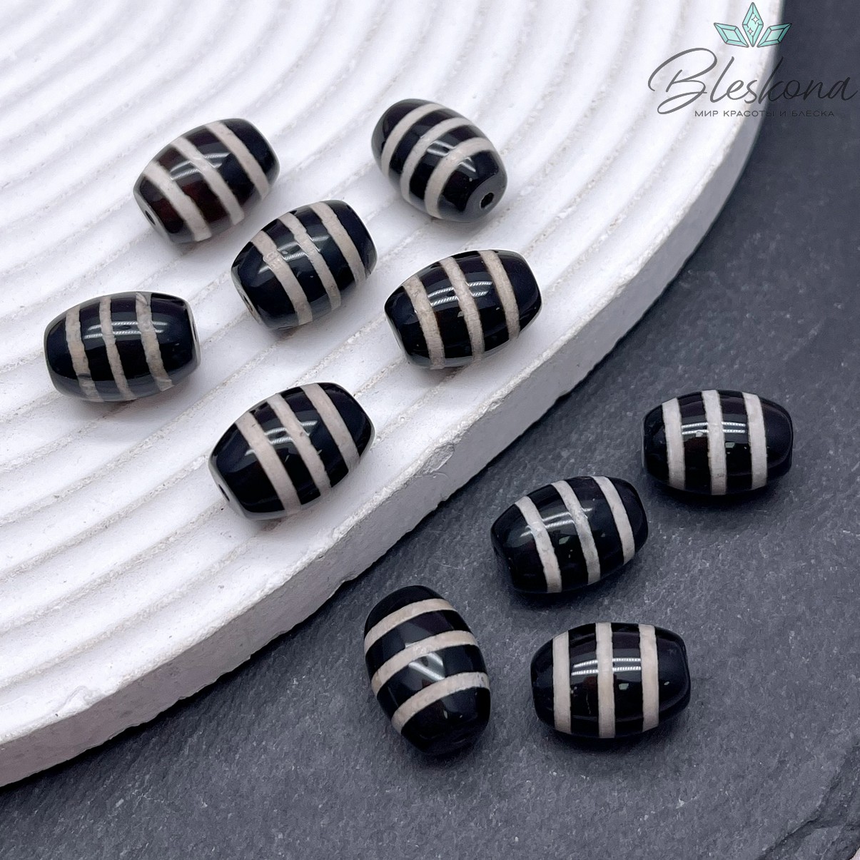 Бусина Дзи Полосатая черно-белый бочонок 10*14 мм