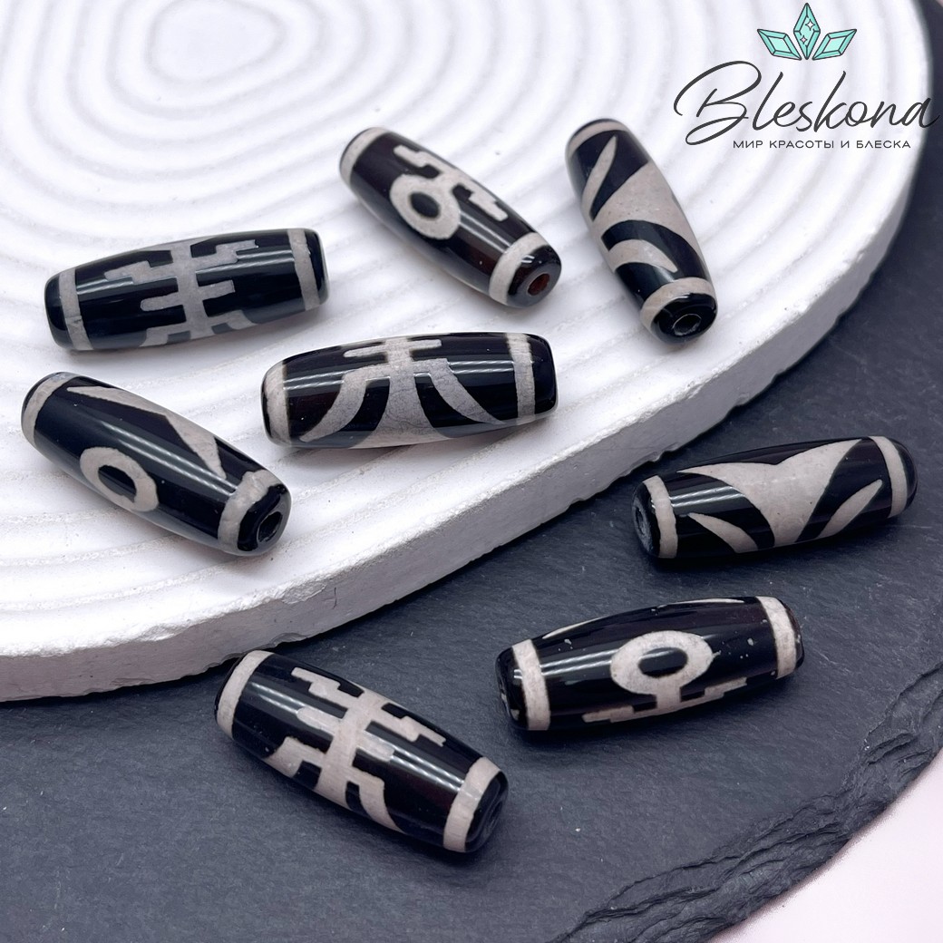 Бусина Дзи Большой человек (Аристократ) черно-белый бочонок 30*11 мм