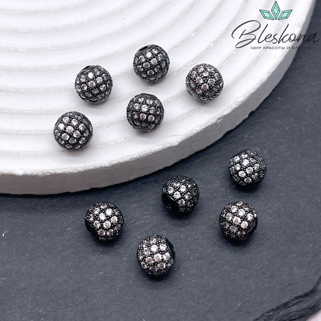 8 мм Бусина с цирконами, цвет черный