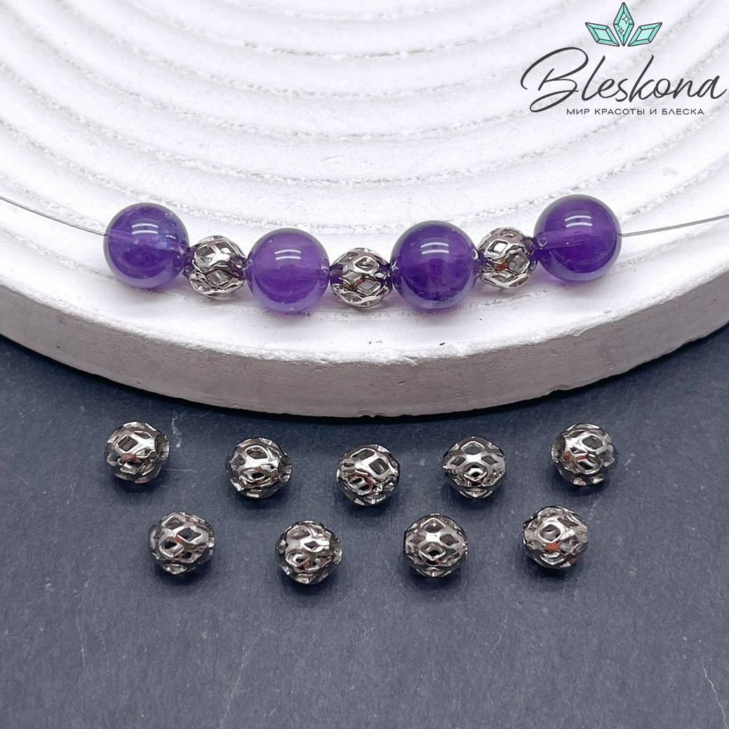 6 мм Цвет серебро, Бусина Шар ромб Люкс