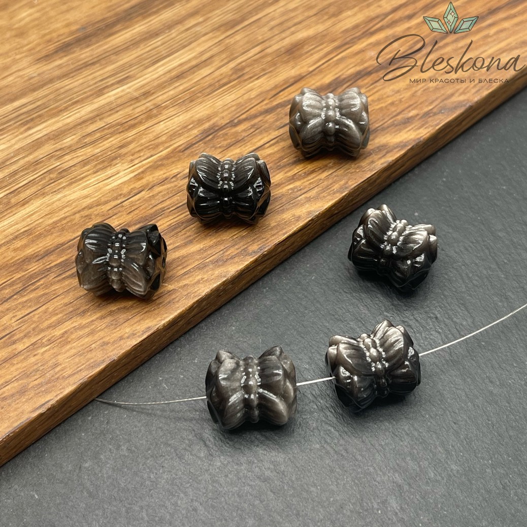 Резная бусина Бант Обсидиан серебристый 13*15 мм