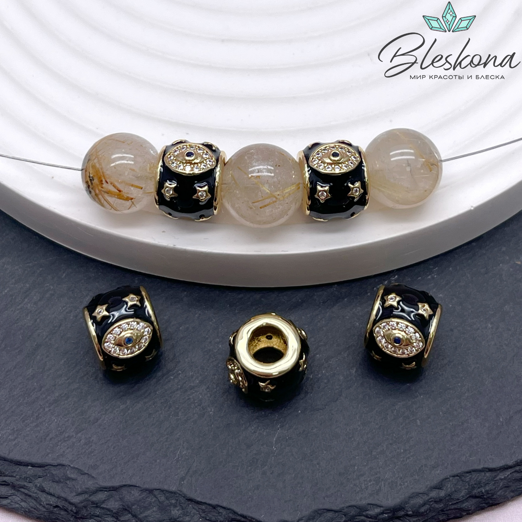 9*11 мм Цвет золото, Бусина бочонок глаз цирконы черная эмаль
