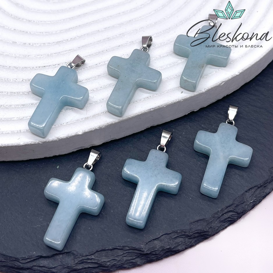 Подвеска крест Кварц голубой (тонированный), цвет серебро 28*18 мм