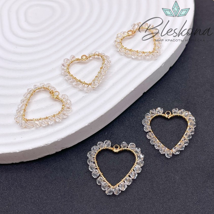 26*25мм Цвет золото, Подвеска сердце контур чешское стекло