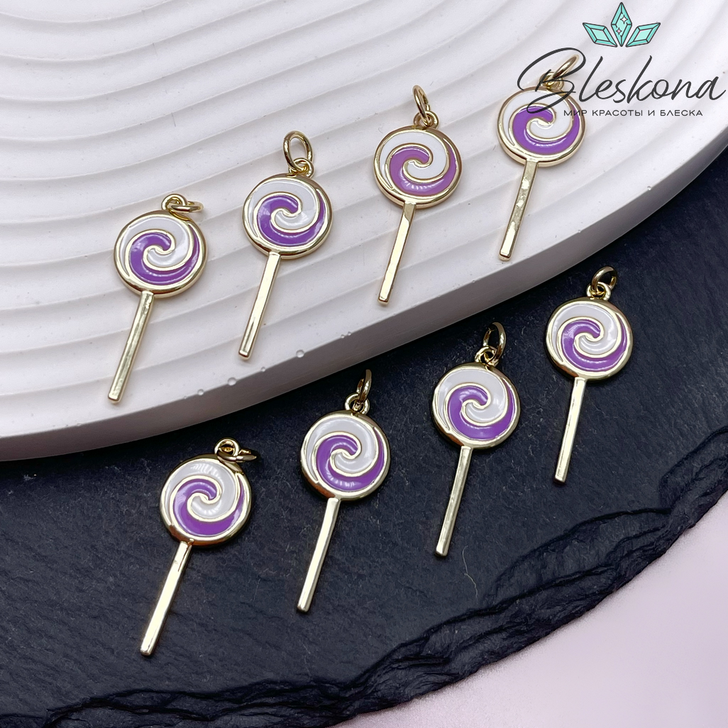25*10 мм Цвет золото, Подвеска леденец сиренево-белая эмаль