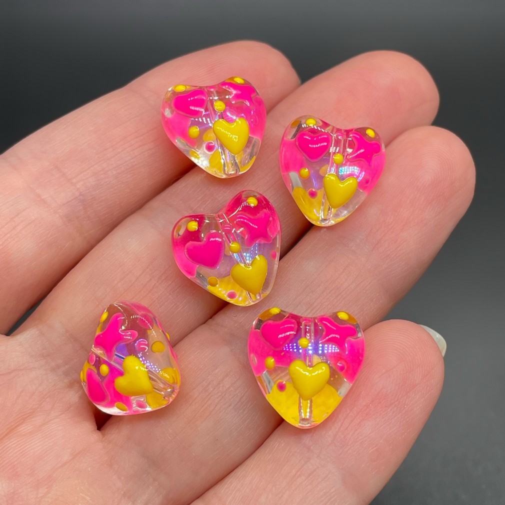 13,5 мм, Стекло бусина сердце с желто-розовыми сердечками уп.5 шт 