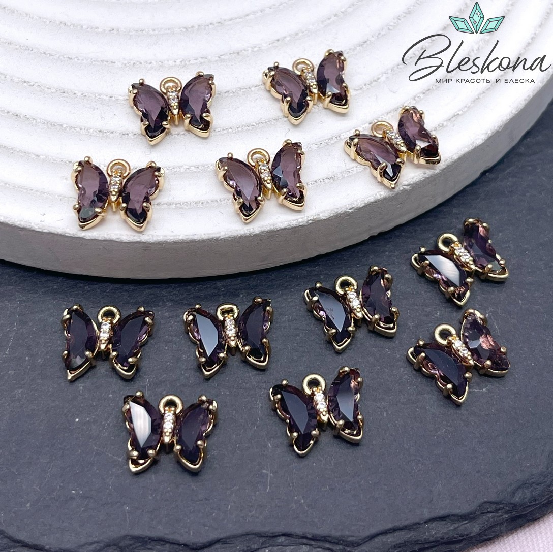 9,5*11 мм, Цвет золото, Подвеска бабочка стекло аметистовое 