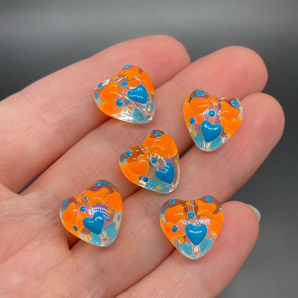 13,5 мм, Стекло бусина сердце с оранжево-синими сердечками уп.5 шт