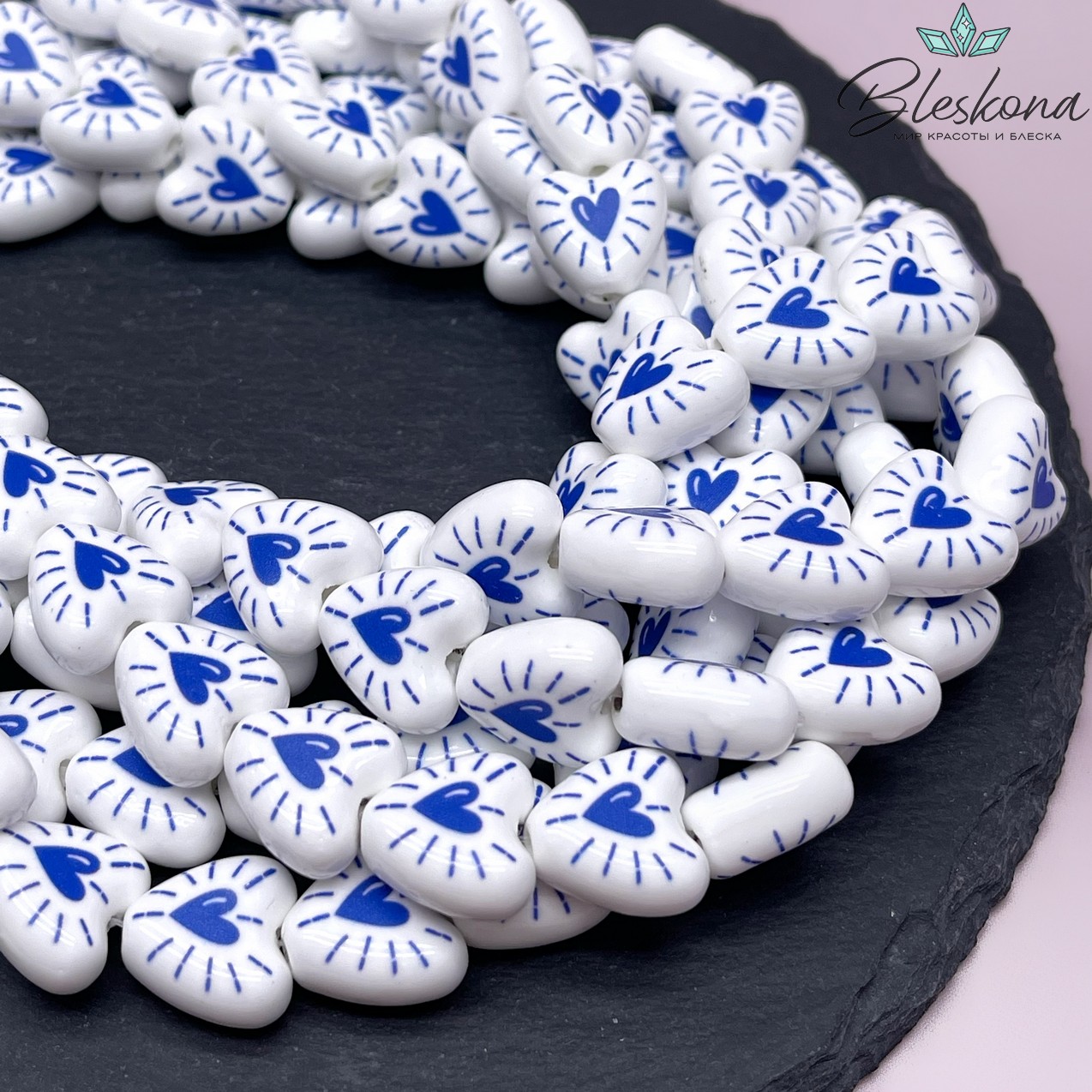 14,5 мм Бусина сердце, керамика цвет белый синий рисунок
