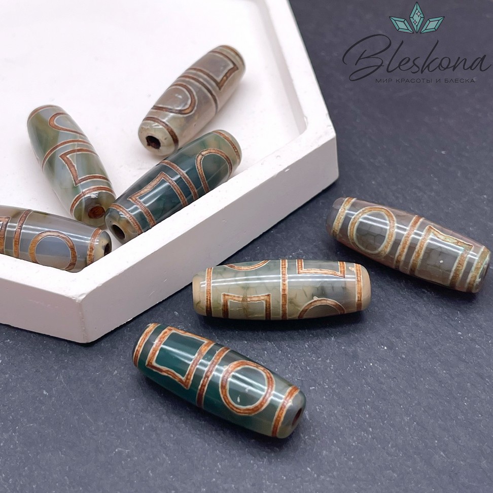 Бусина Дзи Небо и Земля зелено-коричневый бочонок 30*11 мм